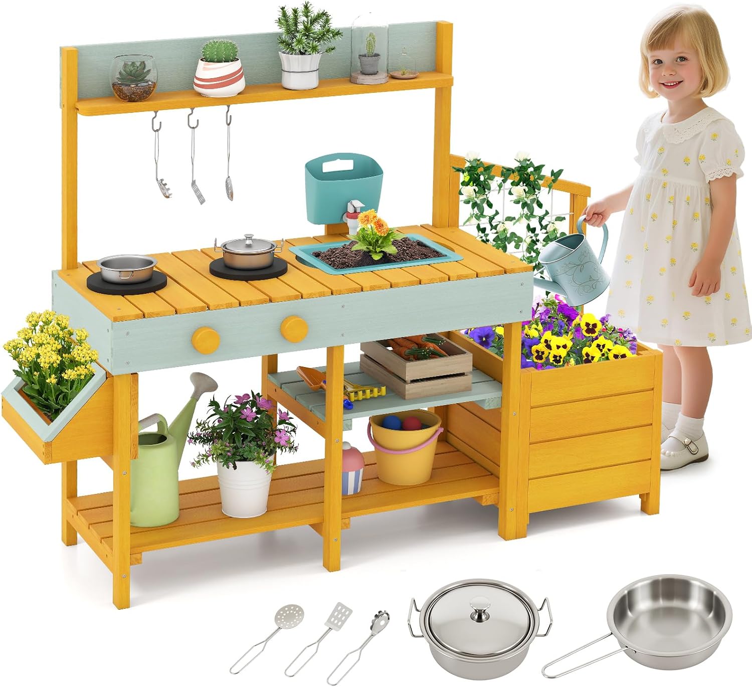 Costzon Mud Kitchen, Wooden Kids Potting Bench w/Removable Faucet, Sink, Stoves, Rotation Knobs, Planter Boxes, Trellis & Cooking Accessories, Mud Kitchen for Kids Outdoor 3-8 (Yellow)