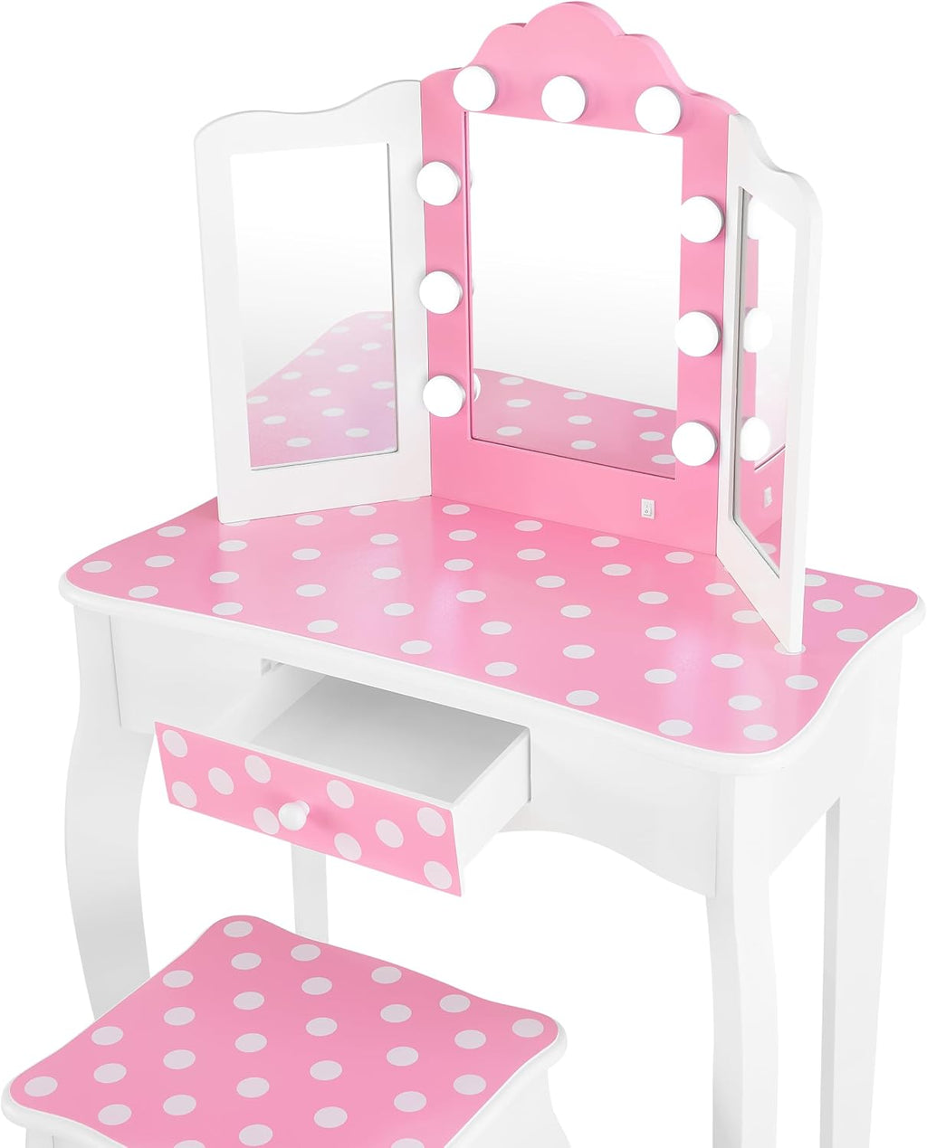 Teamson Kids - Fashion Polka Dot Prints Gisele Play Vanity Set with LED Lights - Pink/White