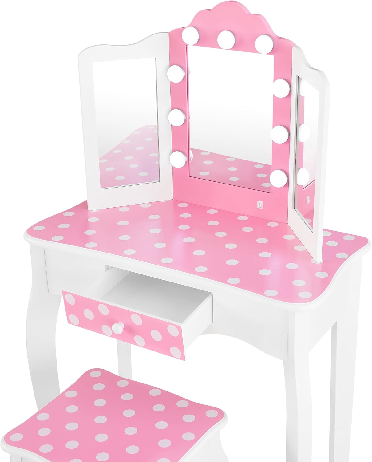 Teamson Kids - Fashion Polka Dot Prints Gisele Play Vanity Set with LED Lights - Pink/White