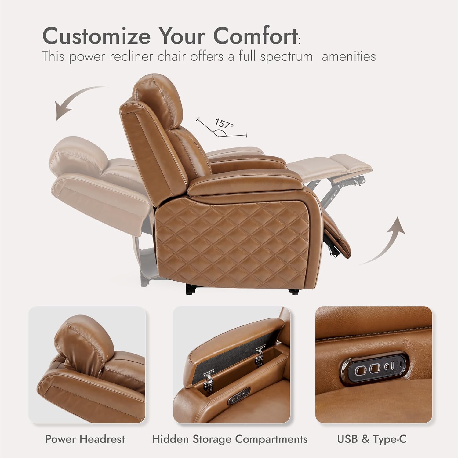 Watson & Whitely Genuine Leather Power Recliner Chairs for Adults, Zero Gravity Recliner with Power Headrest & Hidden Storage, Electric Reclining Sofa Chair for Living Room, Home Office, Saddle Brown