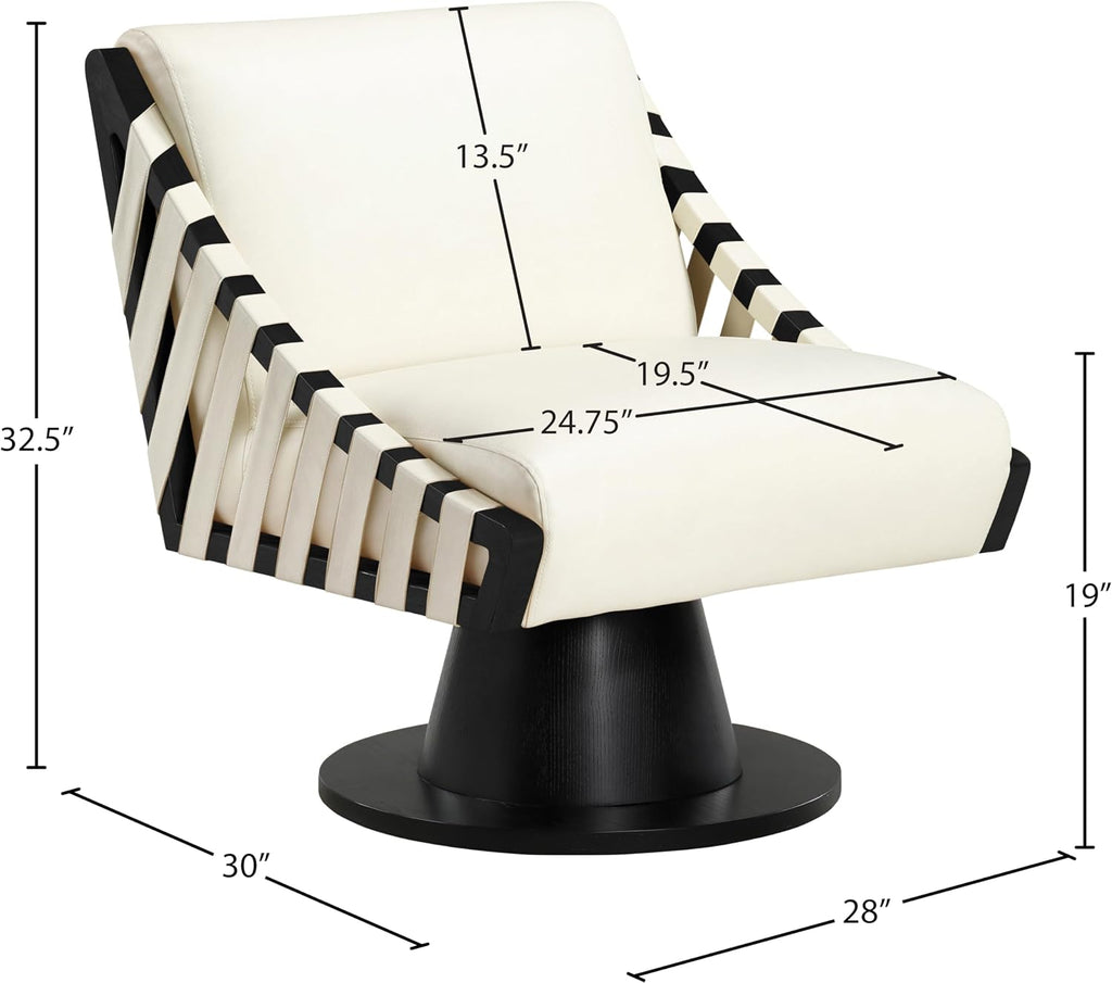 Meridian Furniture 33002Cream Millwin Collection Art Deco Swivel Accent Chair with Rich Cream Vegan Leather, Black Finish, Solid Wood Frame and Base, 28' W x 30' D x 32.5' H, Cream