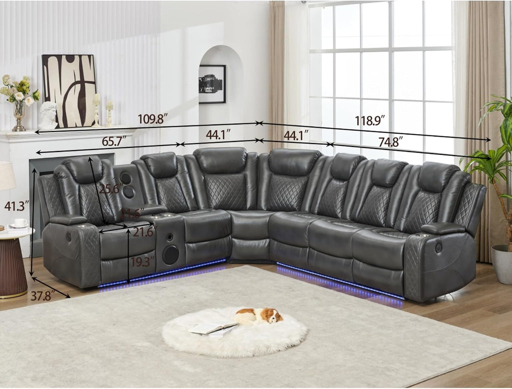 KEIKI L-Shaped Oversized Technical Leather Sectional Power Reclining Sofa with Extendable Footrest and Cup Holder, Electric Control 5-Seater Couch with USB, for Home Theater, Living Room, Grey