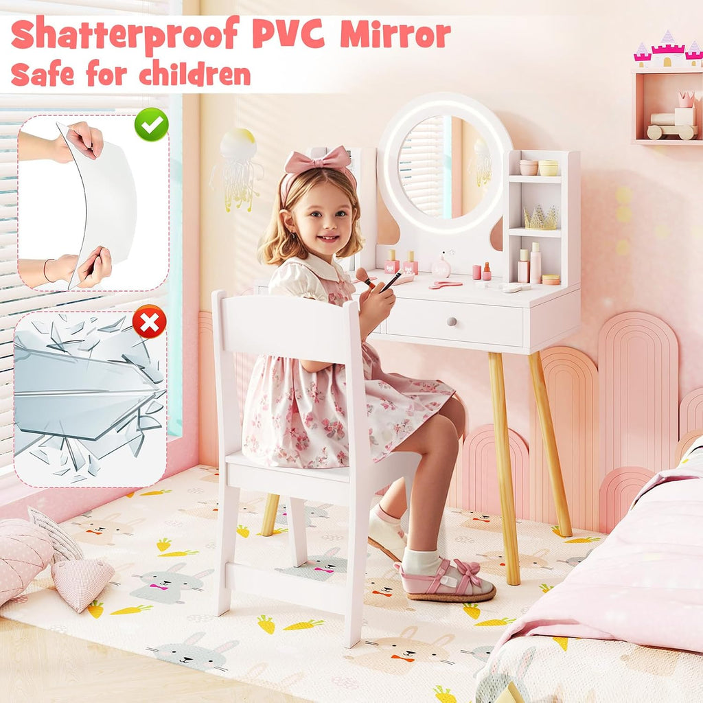 HONEY JOY Kids Vanity, Girls Vanity Set with Mirror and Stool and Lights, Drawers & Storage Shelves, Toddler Makeup Vanity Dressing Table, Pretend Play Kids Vanity Table and Chair Set (White)