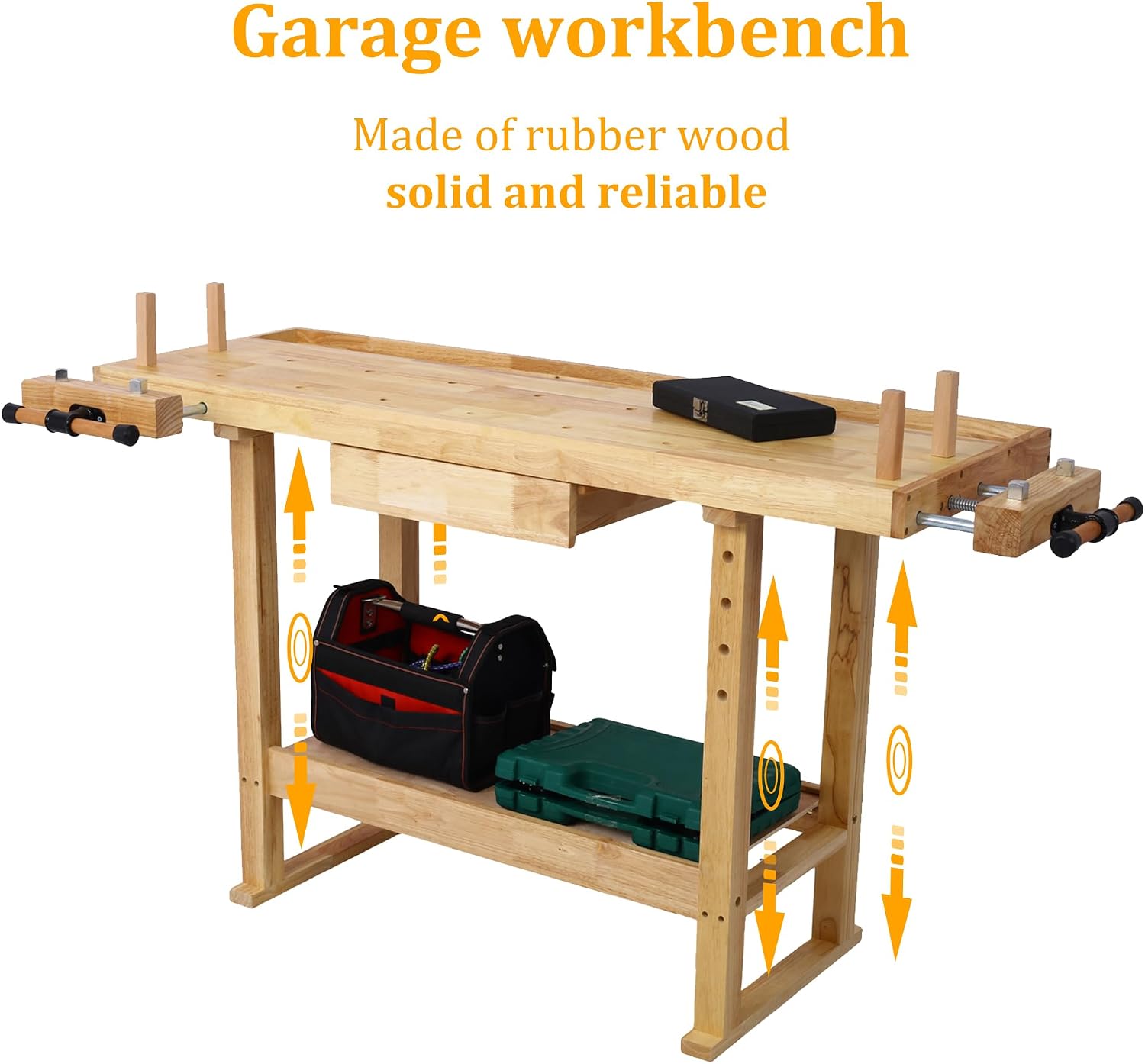 Olela Wood Workbench, Integrated Vise and Bench Dog Holes Garage Workbench with Drawers, 55 inches Heavy Duty Workbench Weight Capacity of 3300lbs (55'-1 Drawer and 1 Shelf)