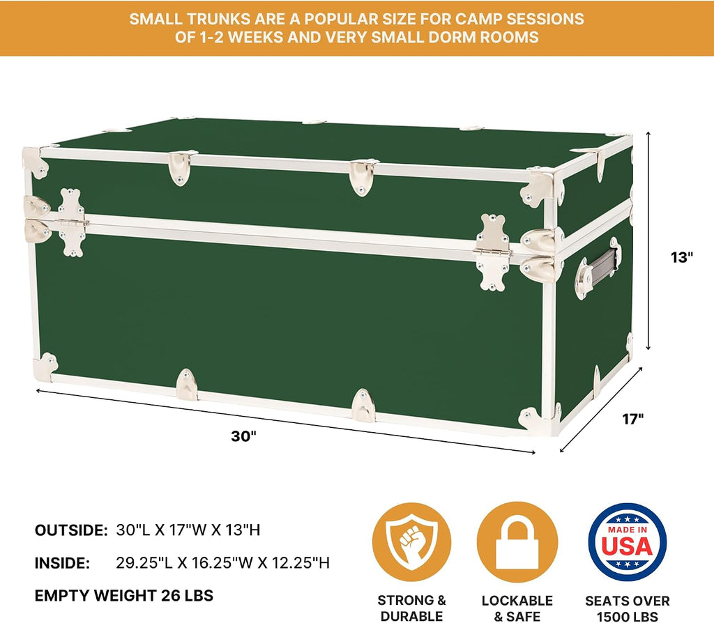 Rhino Trunk & Case Classic Camp & College Trunk with Wheels. 30'x17'x13', 1500+ lbs Capacity - Many Colors, Soft-Close Lid. Strong, USA Made Summer Camp Footlocker and Secure Dorm Storage Chest