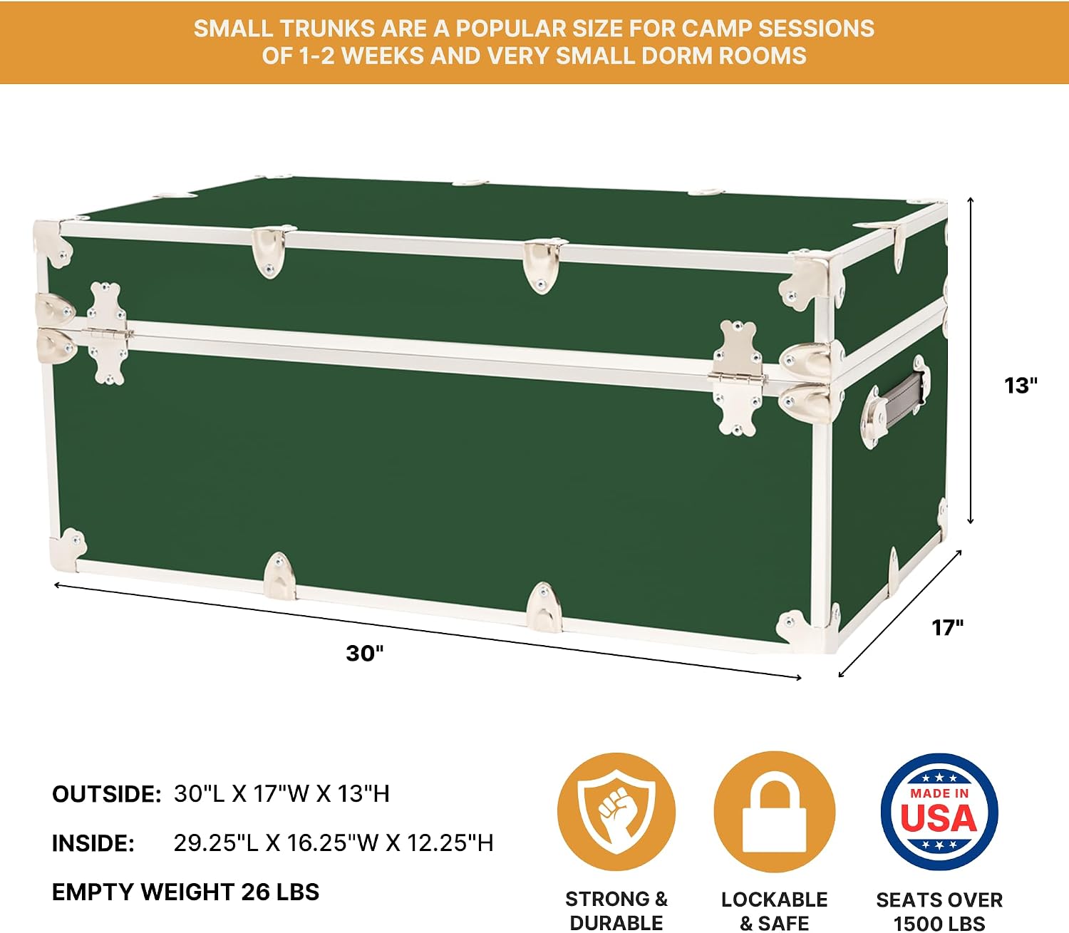 Rhino Trunk & Case Classic Camp & College Trunk with Wheels. 30'x17'x13', 1500+ lbs Capacity - Many Colors, Soft-Close Lid. Strong, USA Made Summer Camp Footlocker and Secure Dorm Storage Chest