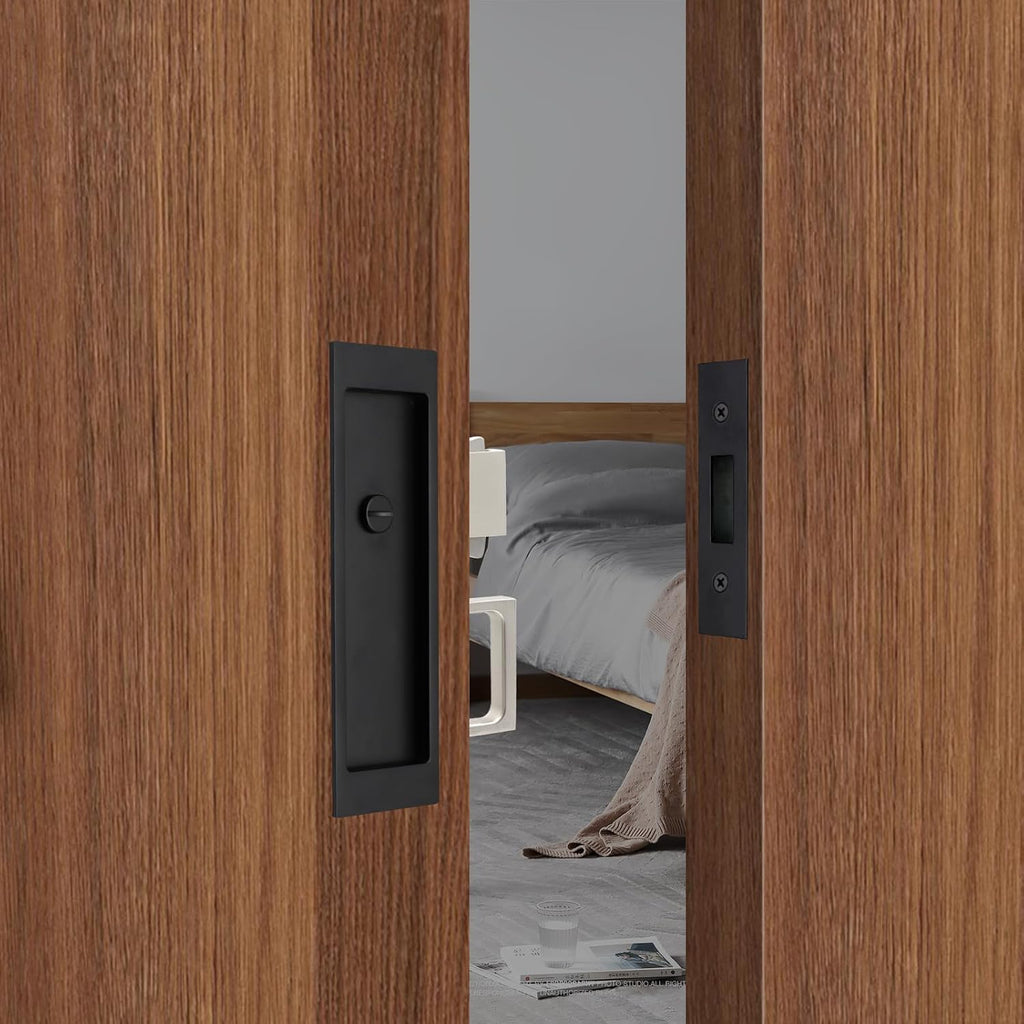 Rectangular Pocket Door Mortise Lock and Edge Pull, Narrow Modern Sliding Door Pop-Up Handle, (Bed/Bath) Pull Latch, Recessed Hardware for 1 3/8' to 2 3/16' Thickness (Privacy Lock, Matte Black)