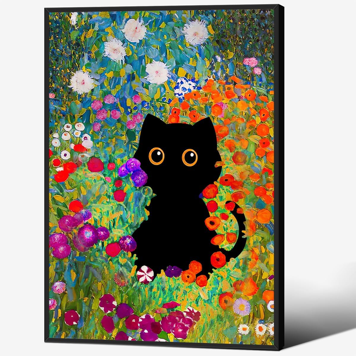 Vintage Black Cat Poster Impressionist Colorful Flower Garden Canvas Wall Art Famous Art Prints 24X36 inch Black Framed Funny Cat Pictures for Gallery Bedroom Wall Decor
