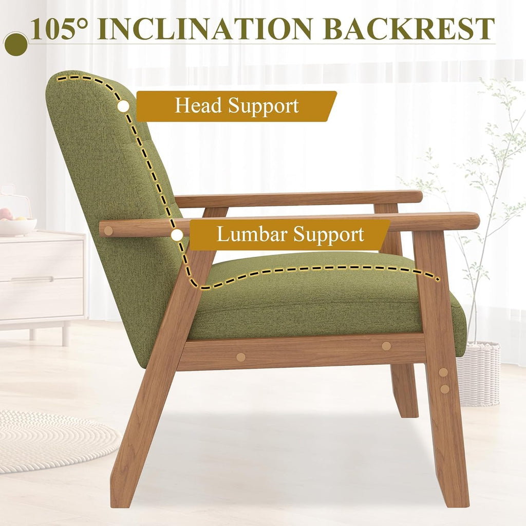 Westice Accent Chairs Set of 2, Mid-Century Living Room Chairs with Solid Wood Frame & Soft Thicken Cushion, Upholstered Arm Reading Chair for Bedroom, Balcony, Green Linen Fabric & Natural Legs