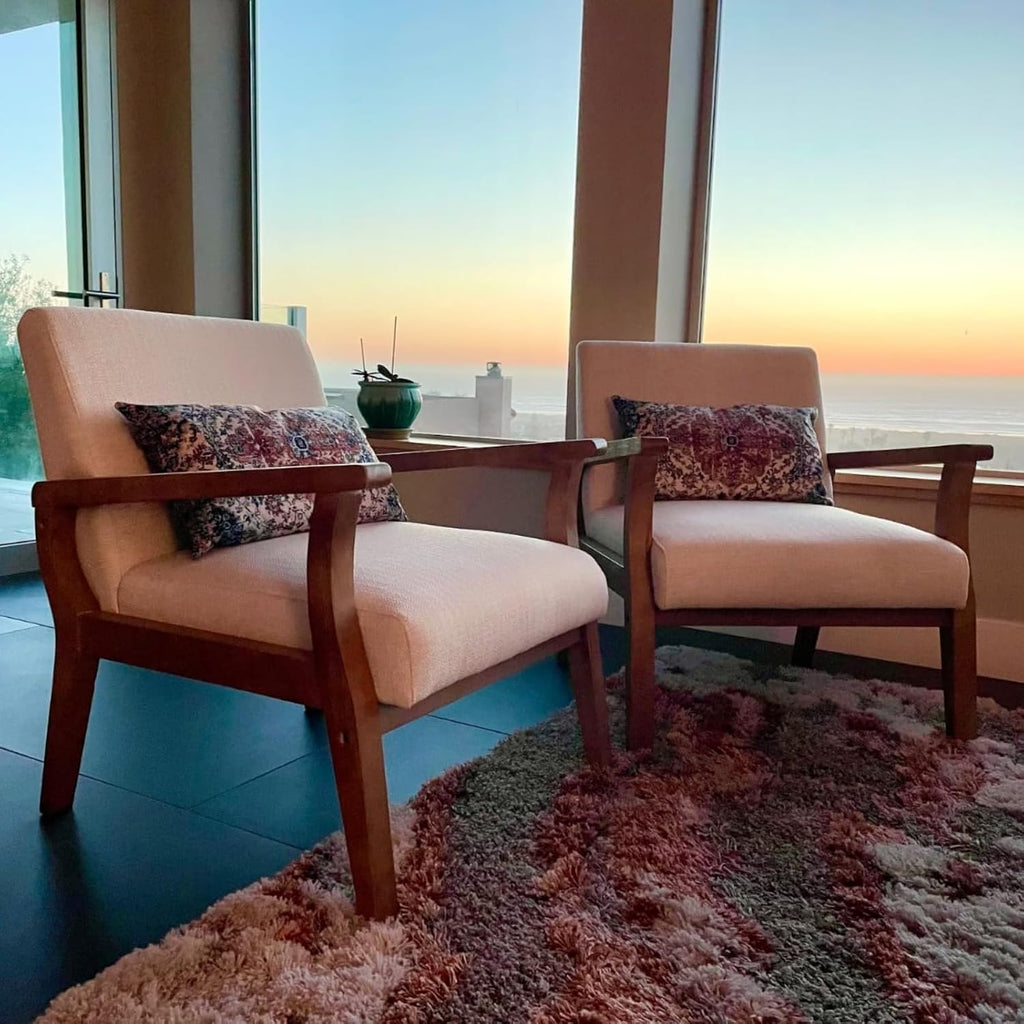 BESTANO Mid Century Modern Accent Chair Set of 2, Linen Upholstered Living Room Accent Armchair with Wood Frame, Farmhouse Chair for Living Room Bedroom, Ivory