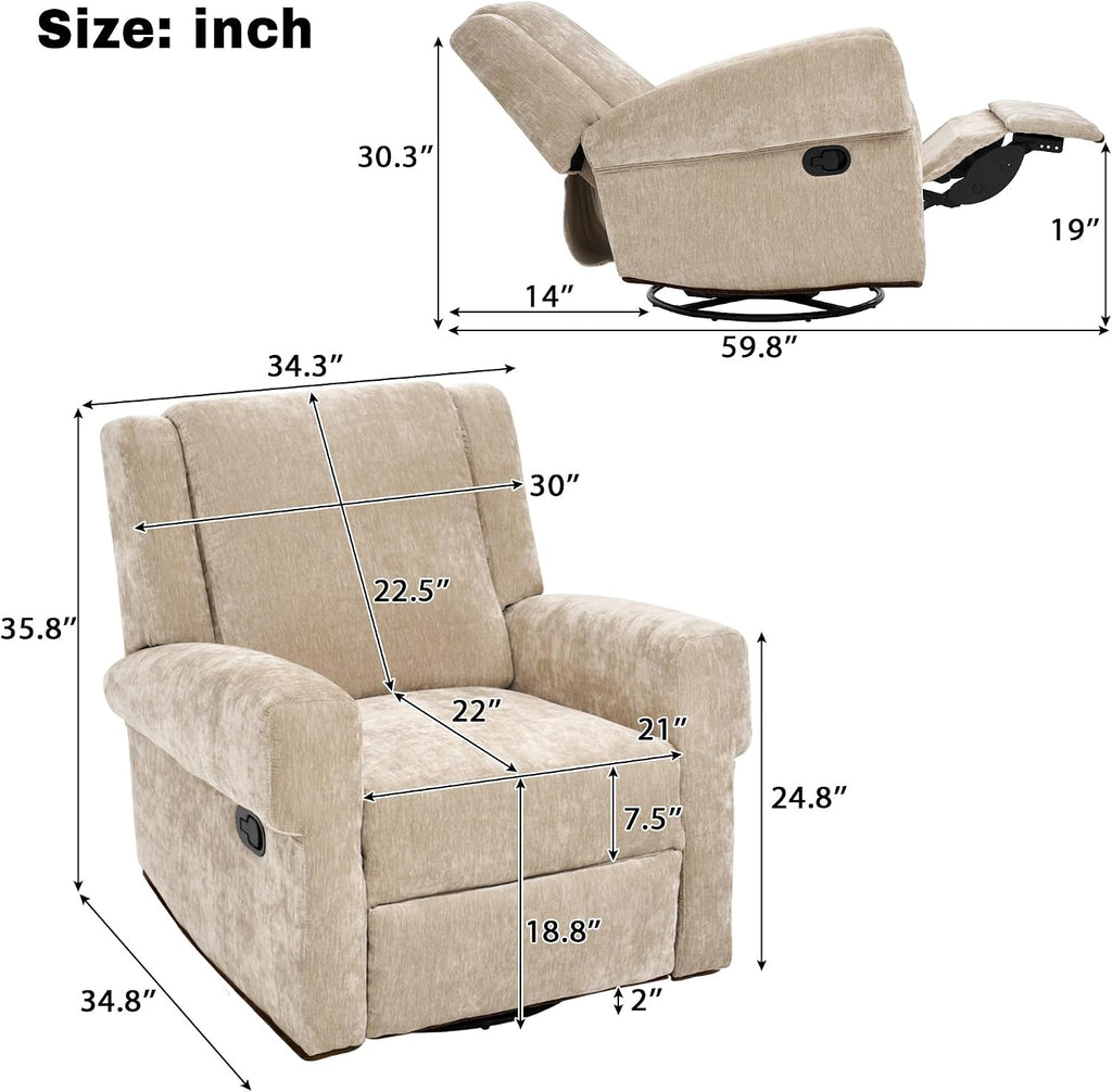 Merax Manual Recliner Chair with Swivel and Rocker, 2-Position Chenille Recliner Sofa with Pull Handle, Compact Recliner for Living Room, Nursery, Home Theater, Brown