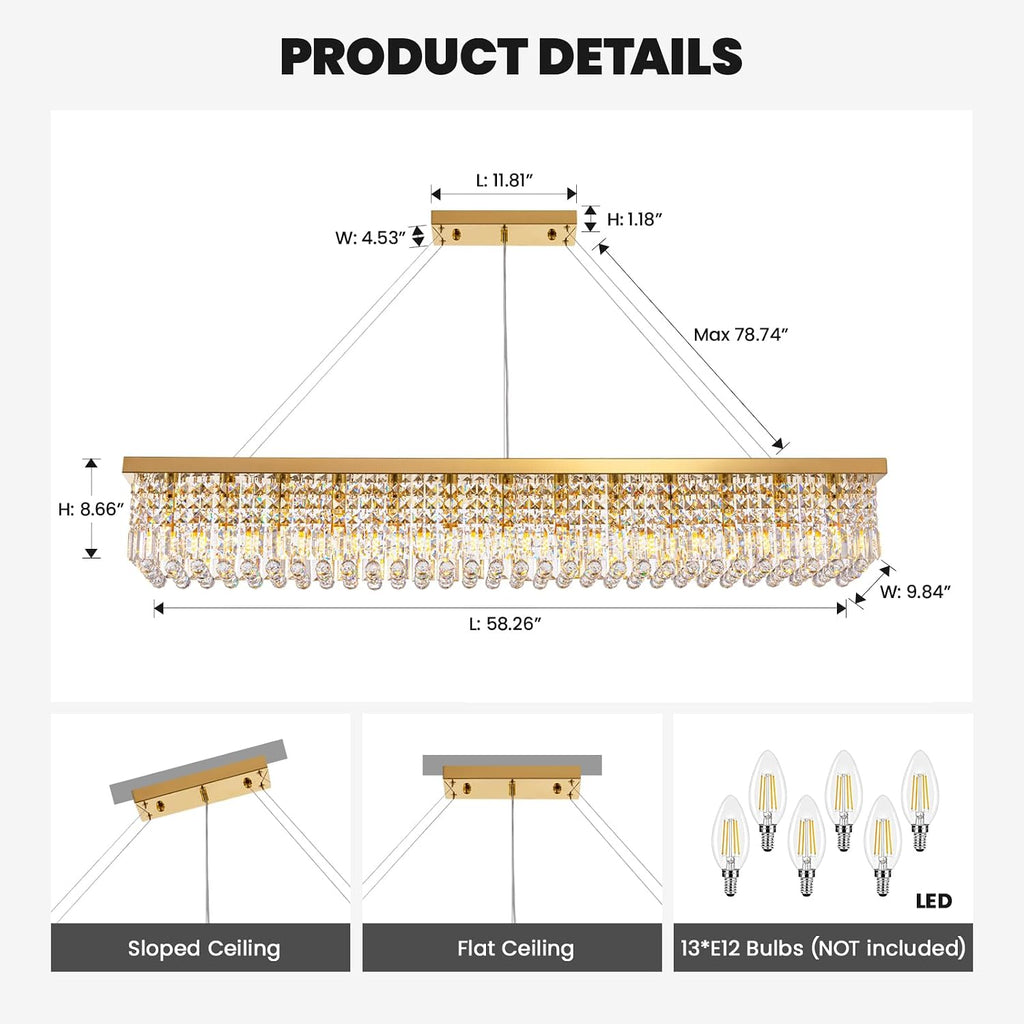 7PM Rectangle K9 Crystal Chandelier Modern Gold Crystal Chandelier Rectangular Pendant Lighting Fixture for Dining Room Kitchen Island Bedroom L59'' x W10'' x H9''