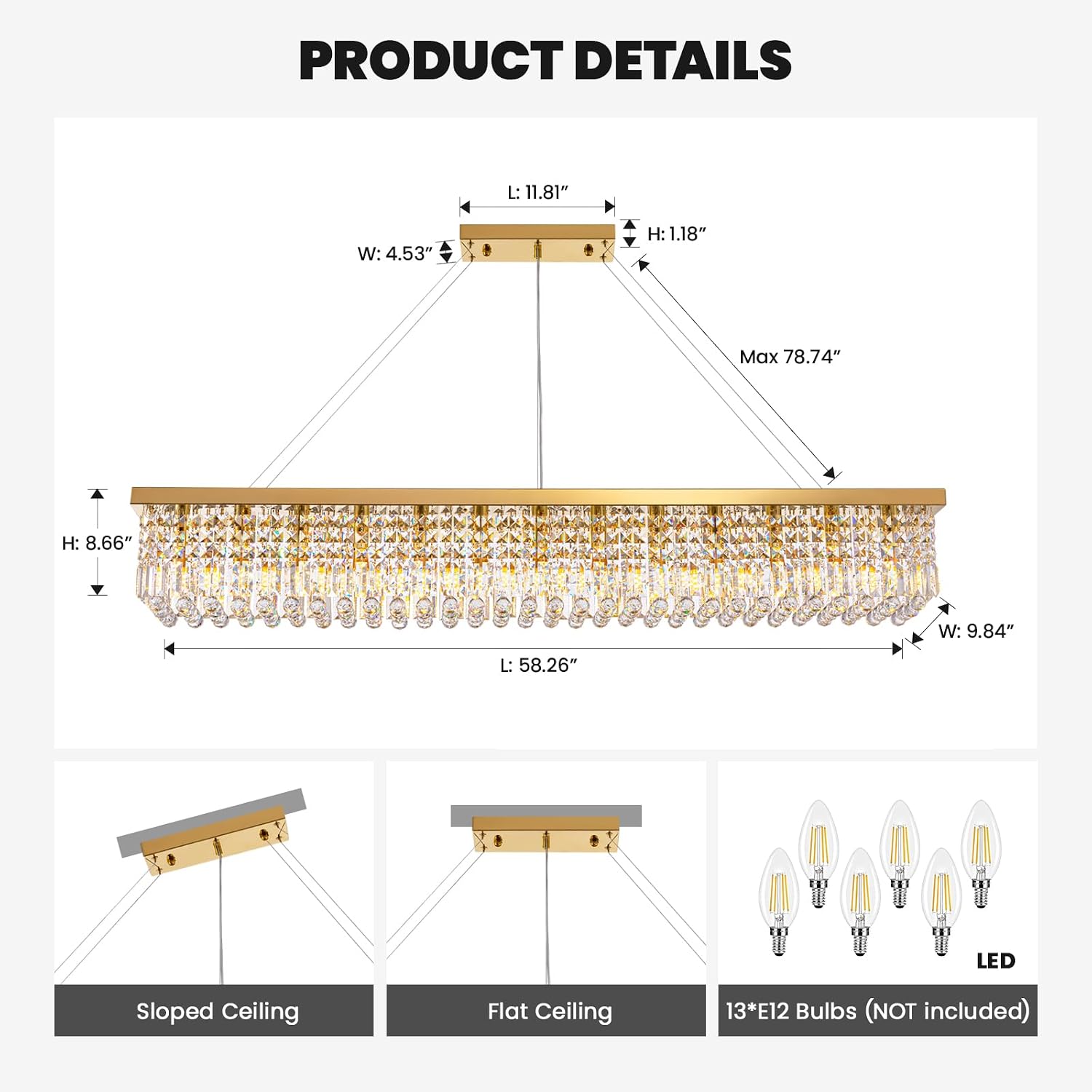 7PM Rectangle K9 Crystal Chandelier Modern Gold Crystal Chandelier Rectangular Pendant Lighting Fixture for Dining Room Kitchen Island Bedroom L59'' x W10'' x H9''