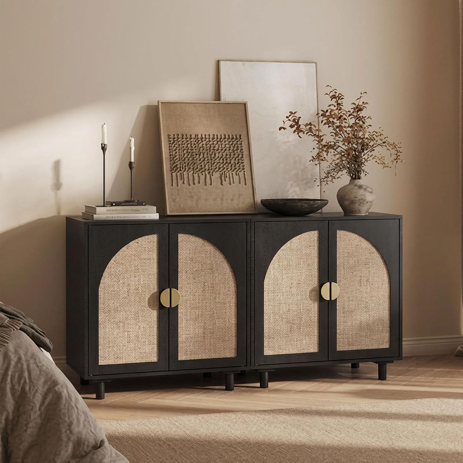 Modern Rattan Storage Cabinet, Black Wood Sideboard with Magnetic Latch, Adjustable Shelf, 29.84' W x 15.75' D x 31.57' H (2 Piece)