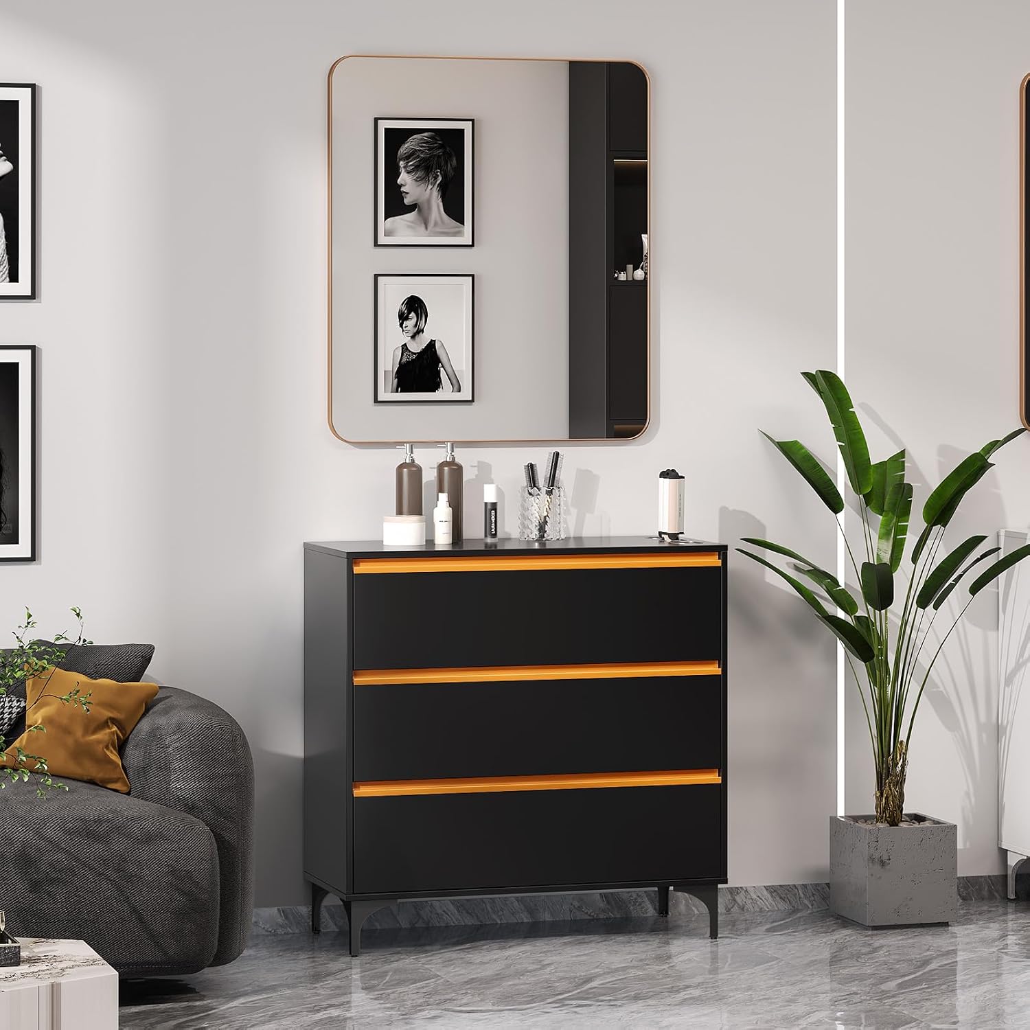 OmySalon Salon Station for Hair Stylists, Barber Free Standing Styling Cabinet with 3 Drawers, Square Mirror & Hair Dryer Holders, Modern Black Gold Beauty Dresser for Salon, Spa, Home