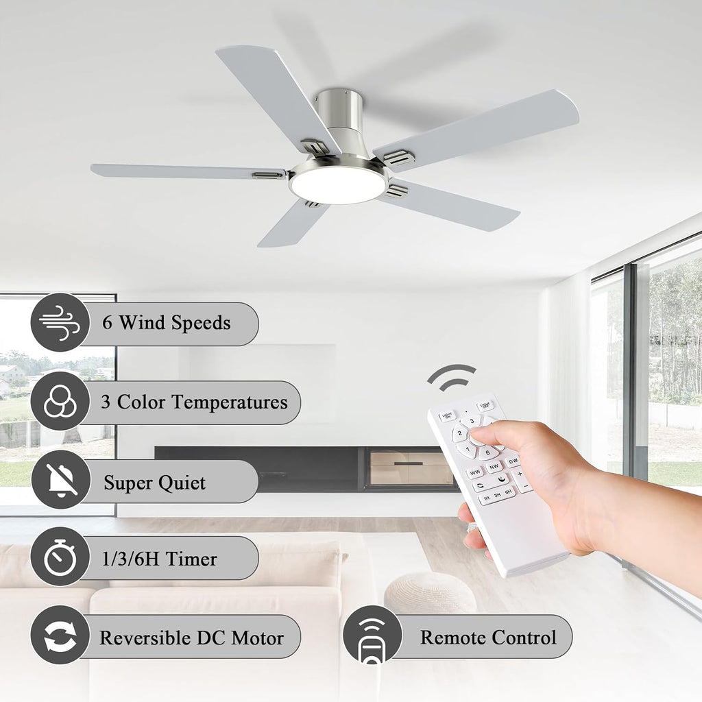 SNJ 52 Inch Brushed Nickel Ceiling Fans with Lights and Remote,Flush Mount Low Profile 5 Blades Ceiling Fan,Dimmable Quiet Reversible DC Motor for,Living Room,Bedroom and Patio