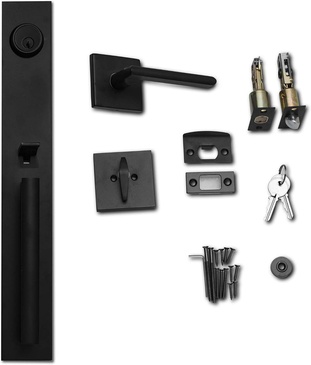 Berlin Modisch Full Escutcheon HandleSet Front Door Entry Handle and Deadbolt Lock Set Slim Square Single Cylinder Deadbolt and Lever Heavy Duty – Iron Black Finish