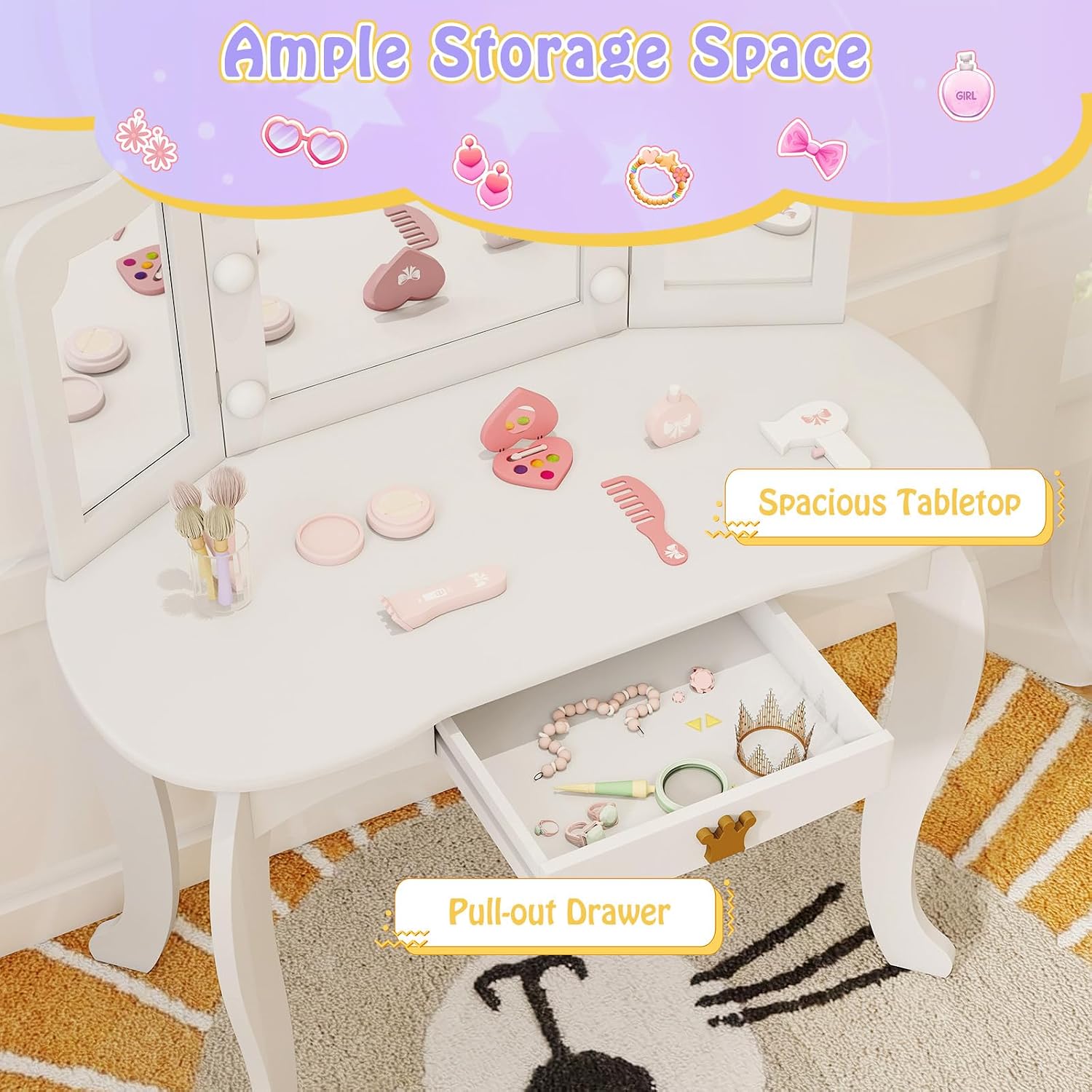 HONEY JOY Kids Vanity with Lights, Crown Girls Vanity Set with Mirror and Stool and Lights, Toddler Vanity, Wooden Makeup Table for Little Girls, Pretend Play Kids Vanity Table and Chair Set(White)