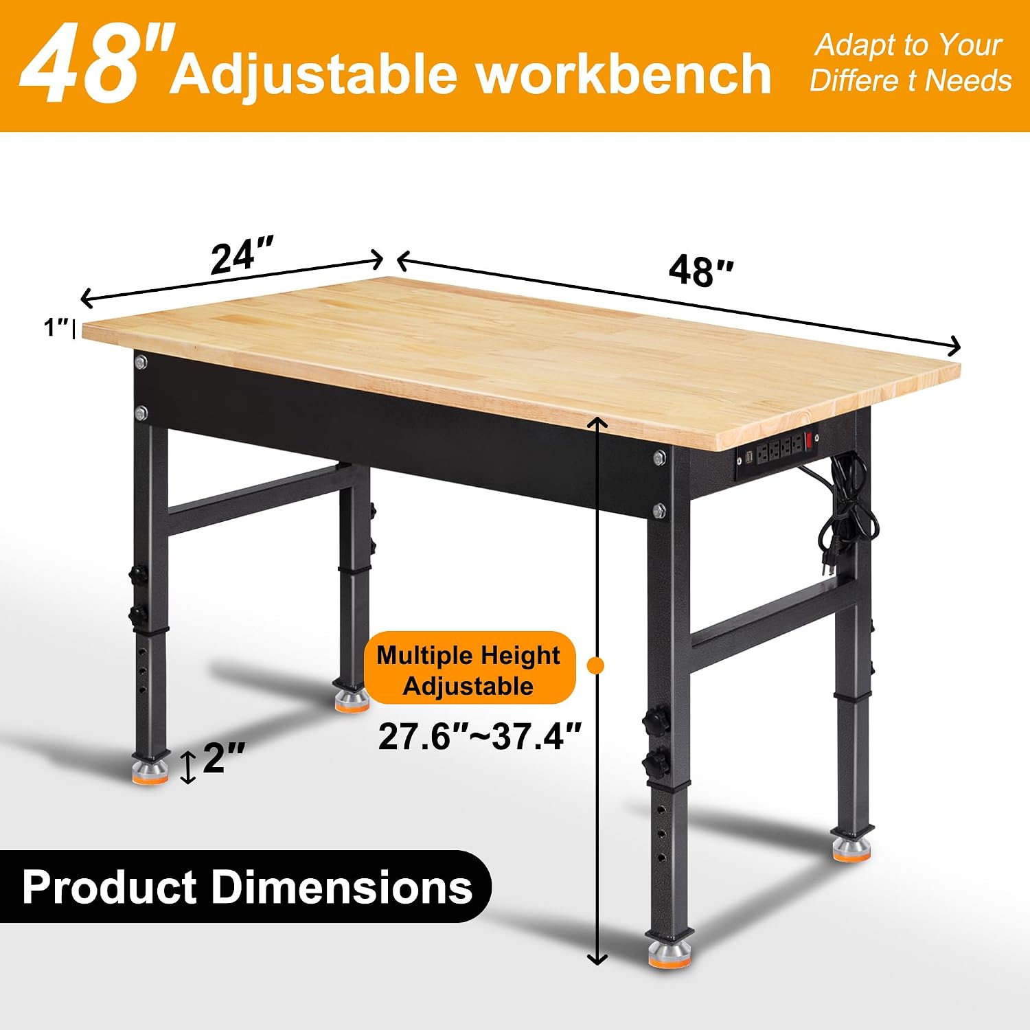 48' Adjustable Work Bench, Rubber Wood Top Workbench Heavy-Duty Work Table with Power Outlet, 2000 LBS Load Capacity Hardwood Work Benches for Garage, Workshop, Home, Office, Easy Assembly