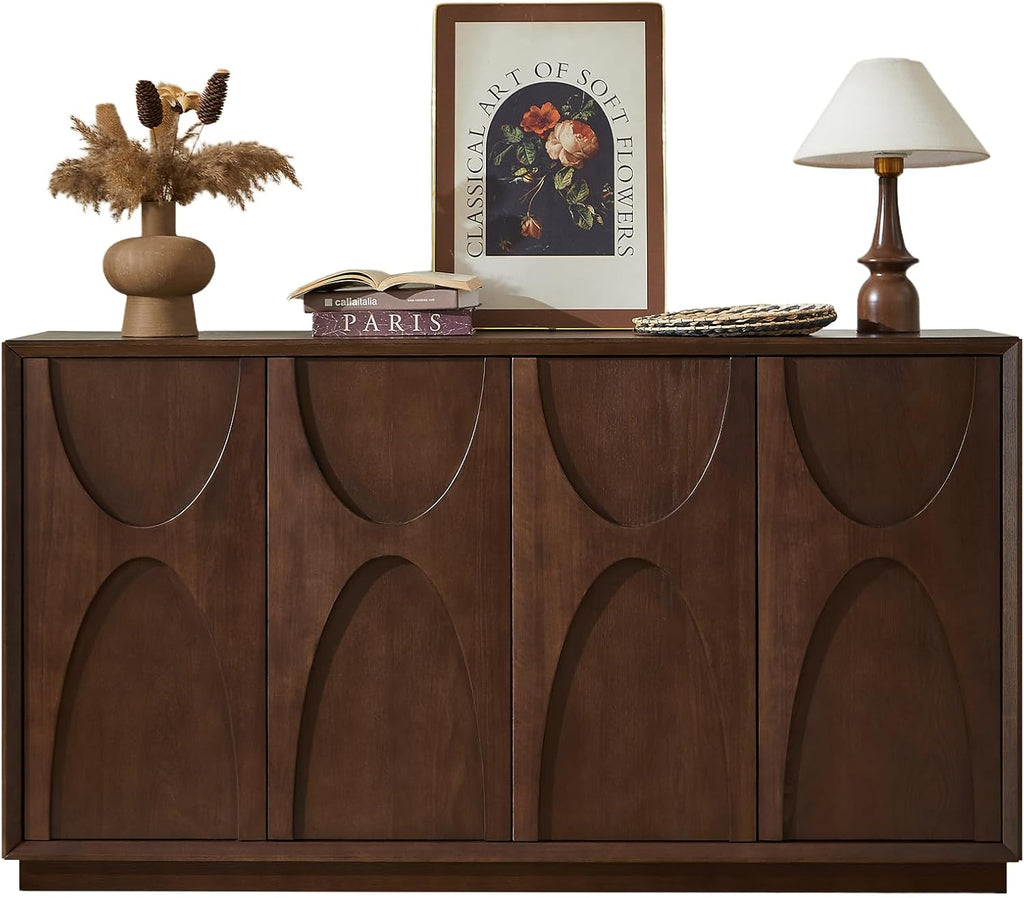 LKTART 59' Sideboard Buffet Cabinet Retro Accent Storage Cabinet with Magnetic Door Latches Adjustable Shelf for Living Room Kitchen(Walnut)