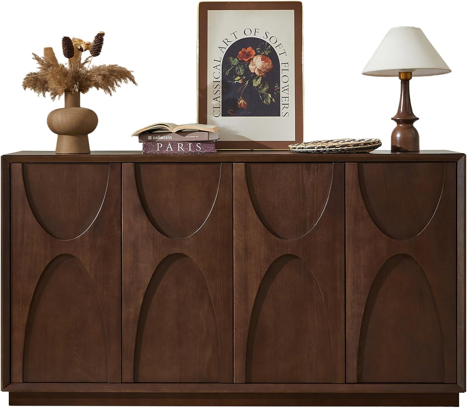 LKTART 59' Sideboard Buffet Cabinet Retro Accent Storage Cabinet with Magnetic Door Latches Adjustable Shelf for Living Room Kitchen(Walnut)