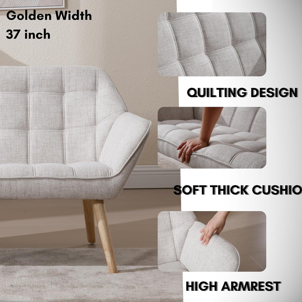 48'Small Loveseat Sofa, Modern Linen Upholstered Mini Couch 2-Seater Fluffy Love Seat with Quilting Backs and Wood Legs for Small Space Living Room, Bedroom, Beige