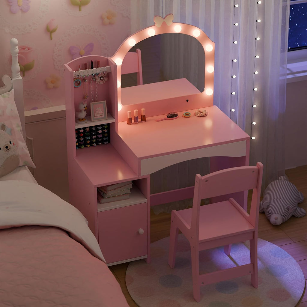 Girls Vanity Table and Chair Set, Kids Vanity with Jewelry Organizer for Princess, Toddler Makeup Vanity Desk with Open Shelf, Closed Cabinet and Butterfly Pattern, Pink
