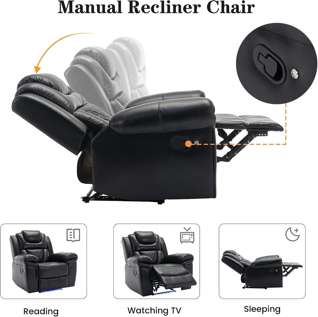 Merax Recliner Chairs Home Theater Seating, with Center Console, Cup Holders, USB Ports, Power Sockets, LED Light Strip