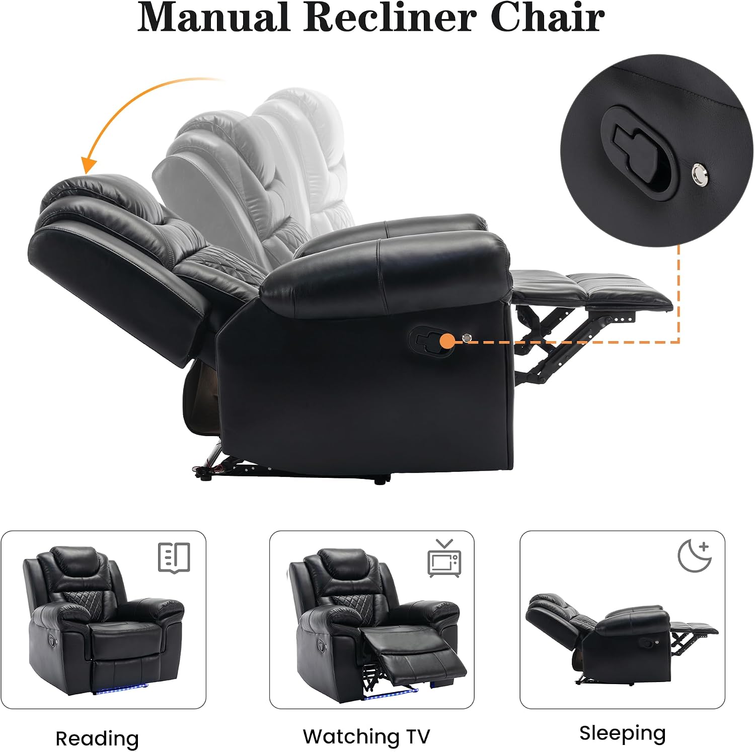 Merax Recliner Chairs Home Theater Seating, with Center Console, Cup Holders, USB Ports, Power Sockets, LED Light Strip