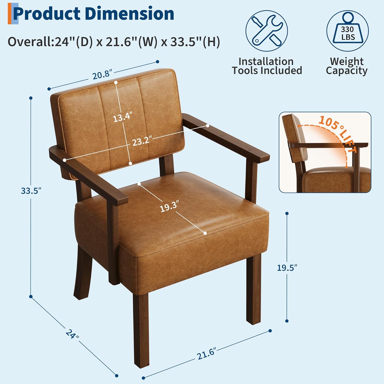 Garvee Accent Chair, Mid-Century Modern Faux Leather Armchair with Wood Frame, Vertical Stripe Upholstered Reading Chair for Living Room, Bedroom or Balcony, Brown