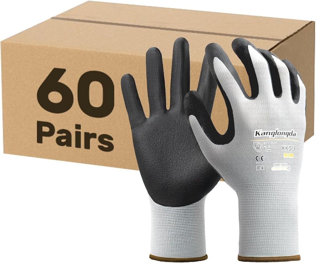 Kebada 60-Pairs Large Work Gloves for Men and Women, Nitrile Coated Safety Protective Gloves with Grip, Ideal for Warehouse, Delivery, Light Duty Construction Work