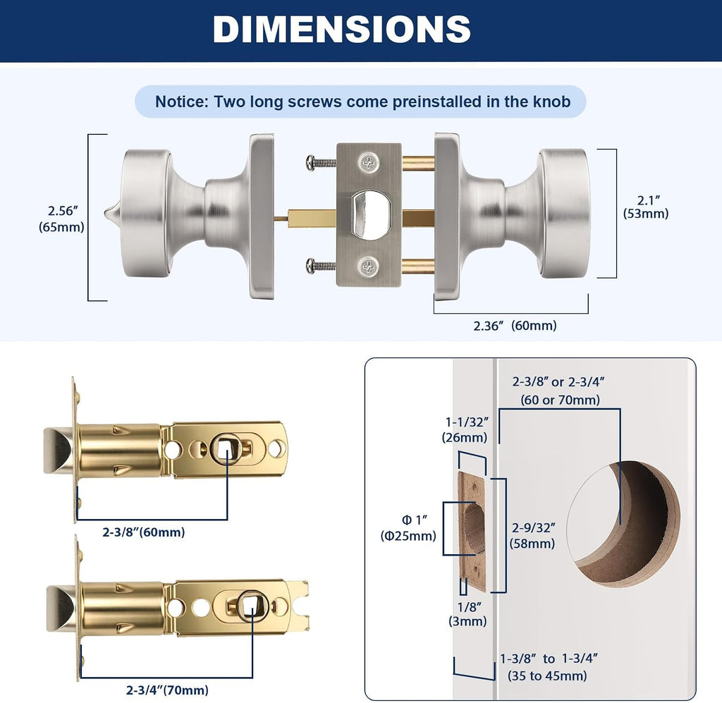 Orger 6 Pack Brushed Nickel Door Knobs Interior, Zinc-Alloy Keyless Silver Door Knob with Lock, Heavy Duty Privacy Square Door Knob for Bathroom and Bedroom