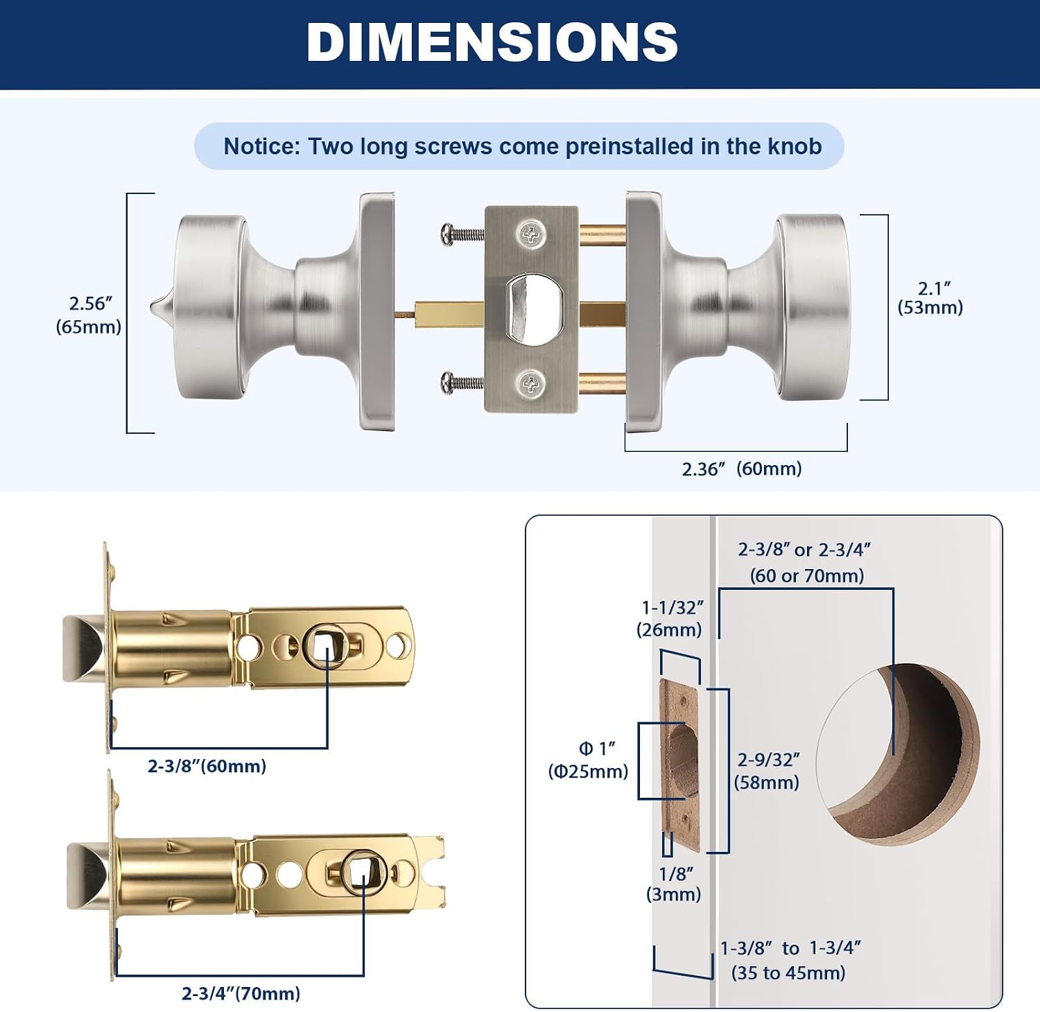 Orger 6 Pack Brushed Nickel Door Knobs Interior, Zinc-Alloy Keyless Silver Door Knob with Lock, Heavy Duty Privacy Square Door Knob for Bathroom and Bedroom