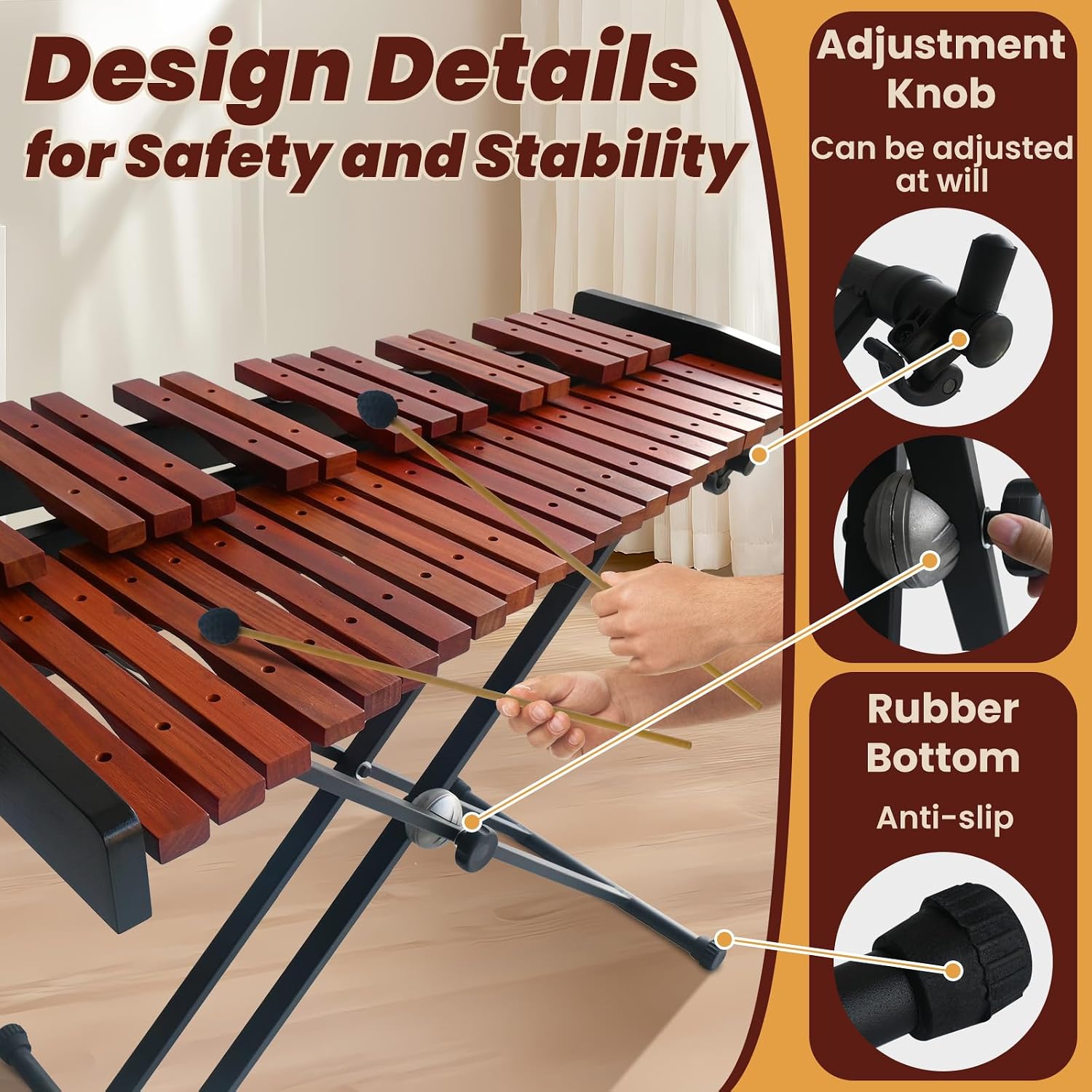 37 Notes Glockenspiel 37-Key Wooden Xylophone Professional Marimba Glockenspiel Xylophone with Adjustable Height Stand Xylophones Instrument Kit with Mallets & Bag