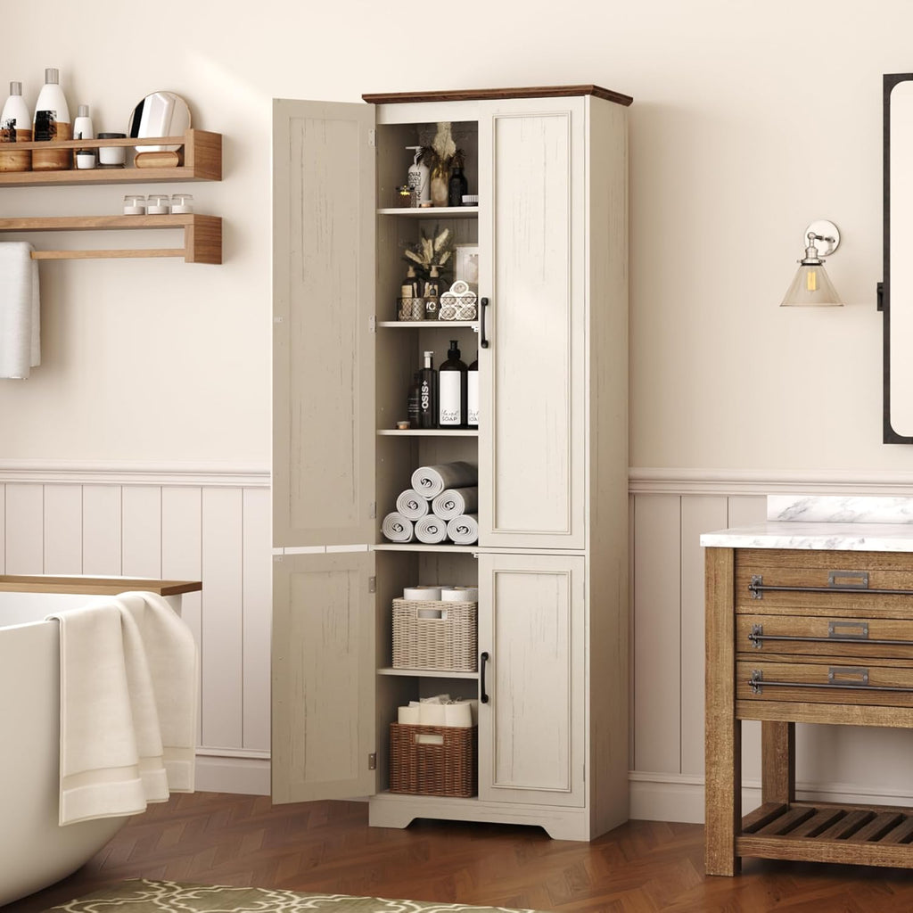 Function Home Farmhouse Kitchen Pantry Cabinet, 72' Tall Storage Cabinet with Doors and Adjustable Shelves, 6 Tier Freestanding Cupboard for Dining Room Living Room Bathroom, Antique White & Brown Top