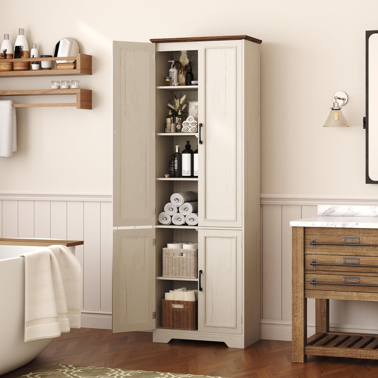 Function Home Farmhouse Kitchen Pantry Cabinet, 72' Tall Storage Cabinet with Doors and Adjustable Shelves, 6 Tier Freestanding Cupboard for Dining Room Living Room Bathroom, Antique White & Brown Top