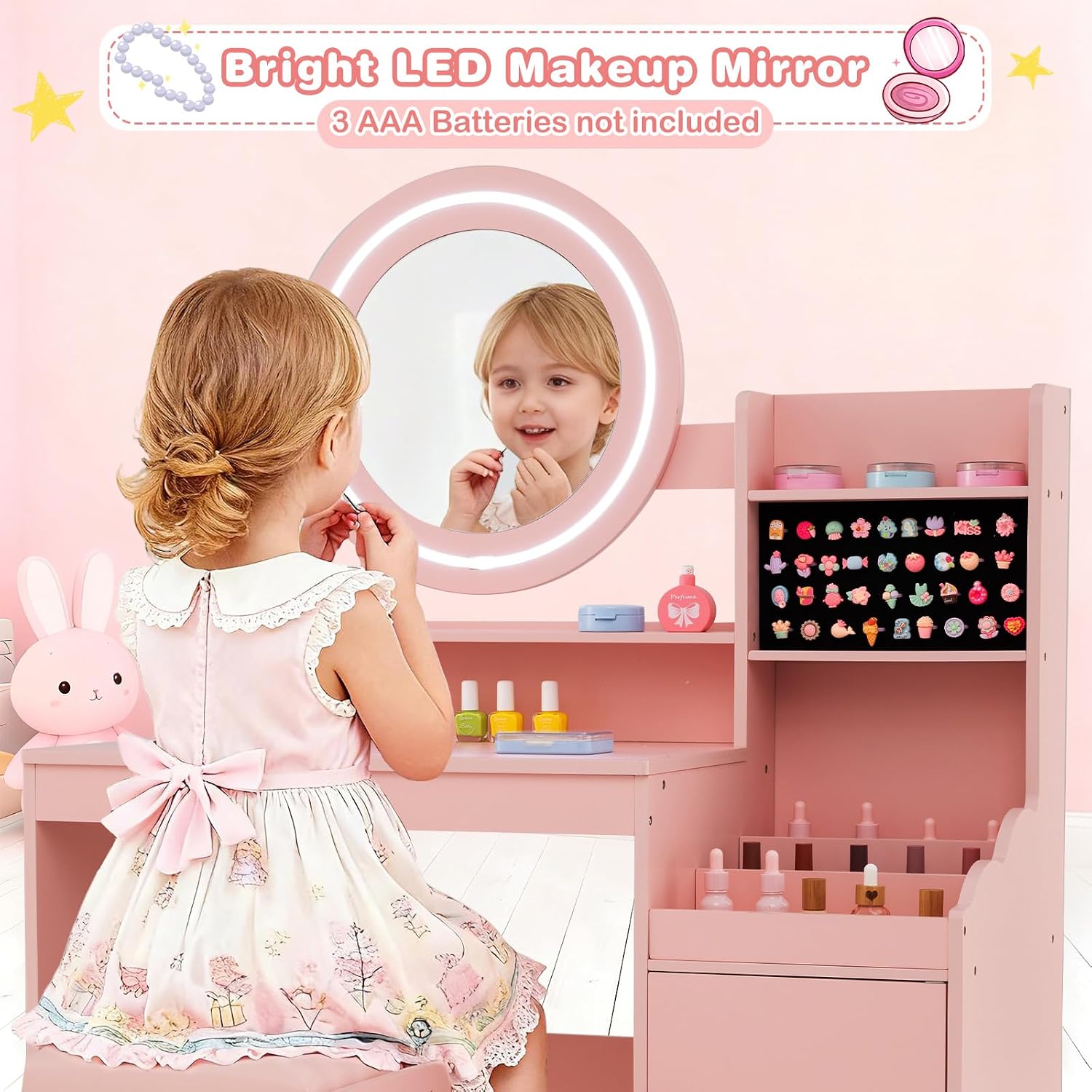 INFANS Kids Vanity with Lights, Princess Makeup Desk with Mirror Storage Shelves, Toddler Table and Chair Set Pretend Play for Girls Aged 4-9