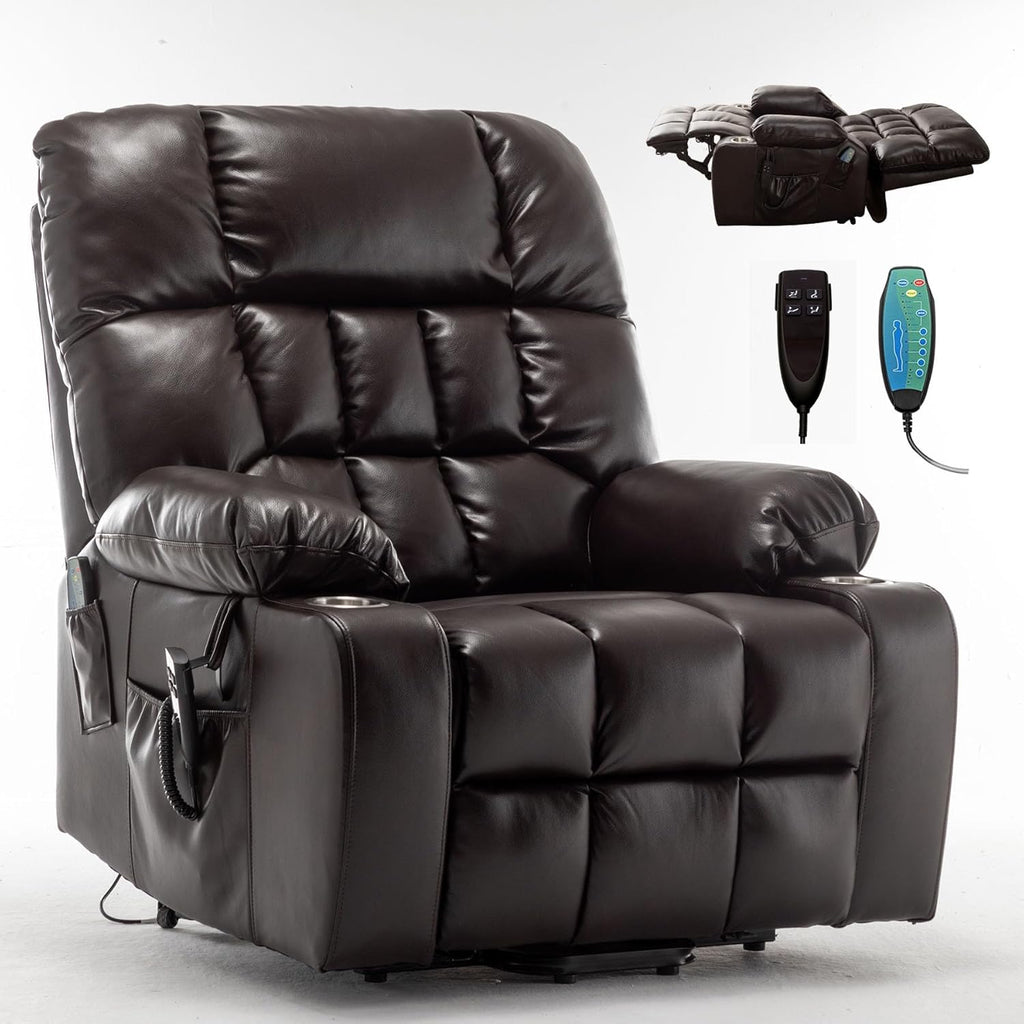 Oversized Power Recliner Chair for Big and Tall 400 LBS, 25.5' Extra Wide Electric Lift Chair with Heat and Massage, Dual Motor 180° Lay Flat Recliner Living Room Sofa, PU Leather Big Recliner