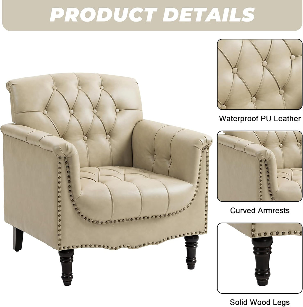 Lumibee Faux Leather Armchairs, Contemporary Accent Chairs Set of 2 with Nailhead Trims & Wood Legs for Living Room, Upholstered Comfy Arm Chairs for Office,Bedroom-Beige