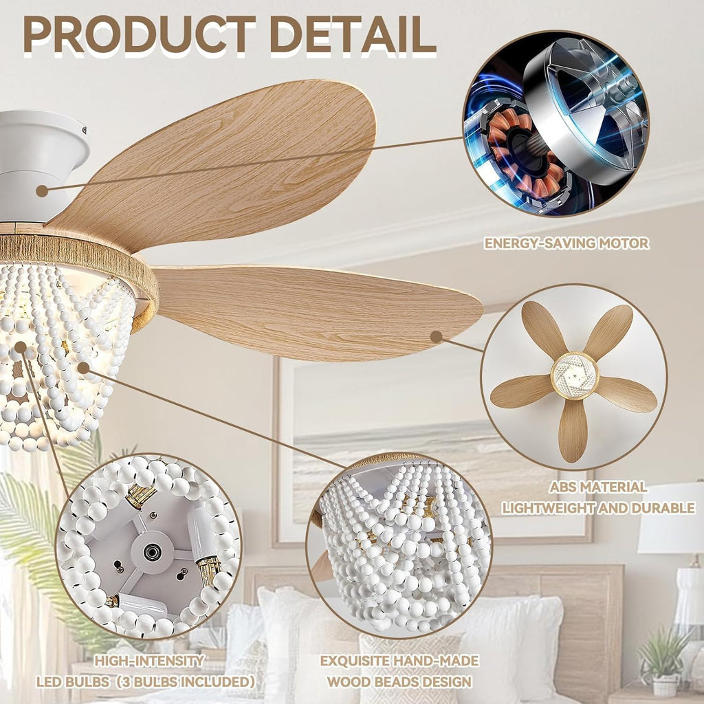 Boho Ceiling Fans with Lights and Remote, Wood Beaded 52 inch Ceiling Fan with Light,6 Speed Reversible Motor LED Flush Mount Ceiling Fans, Ceiling Fan Light for Bedroom Living Room (ABS Blades)