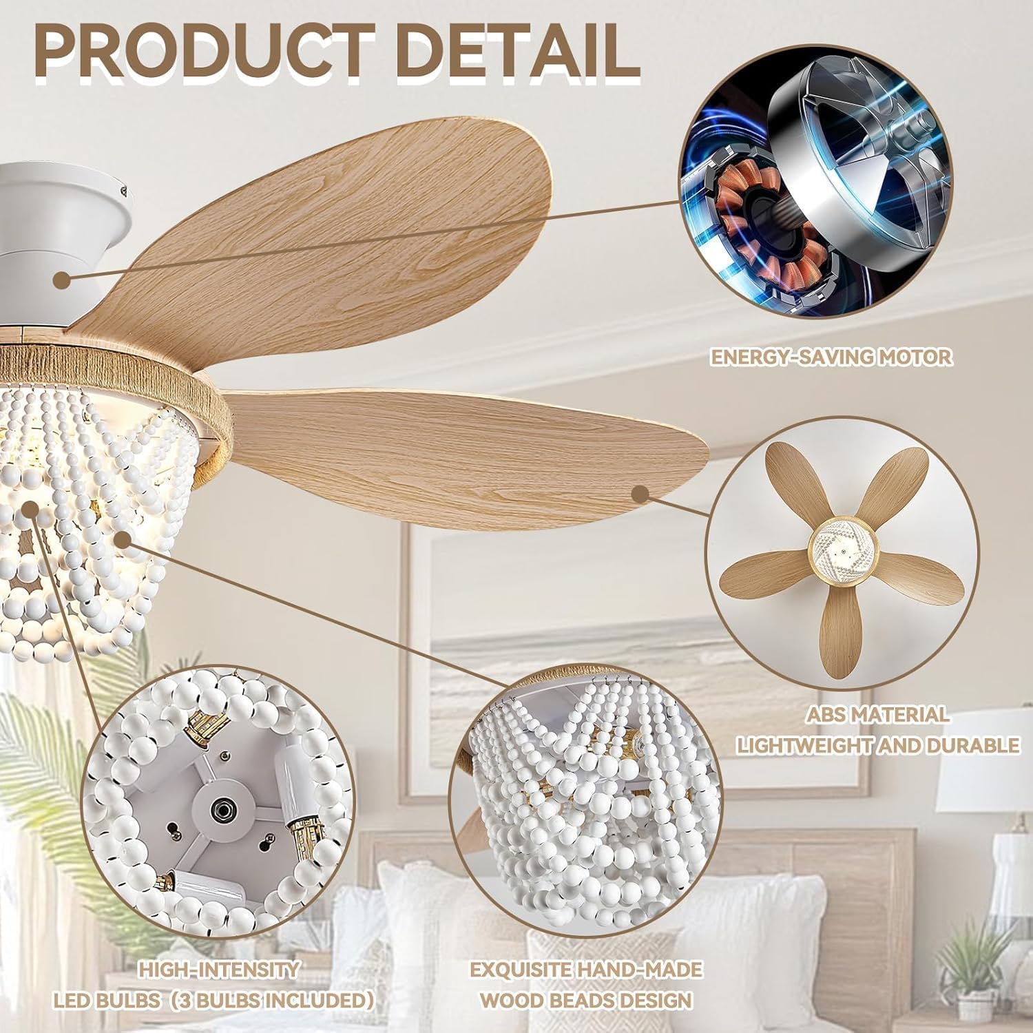 Boho Ceiling Fans with Lights and Remote, Wood Beaded 52 inch Ceiling Fan with Light,6 Speed Reversible Motor LED Flush Mount Ceiling Fans, Ceiling Fan Light for Bedroom Living Room (ABS Blades)