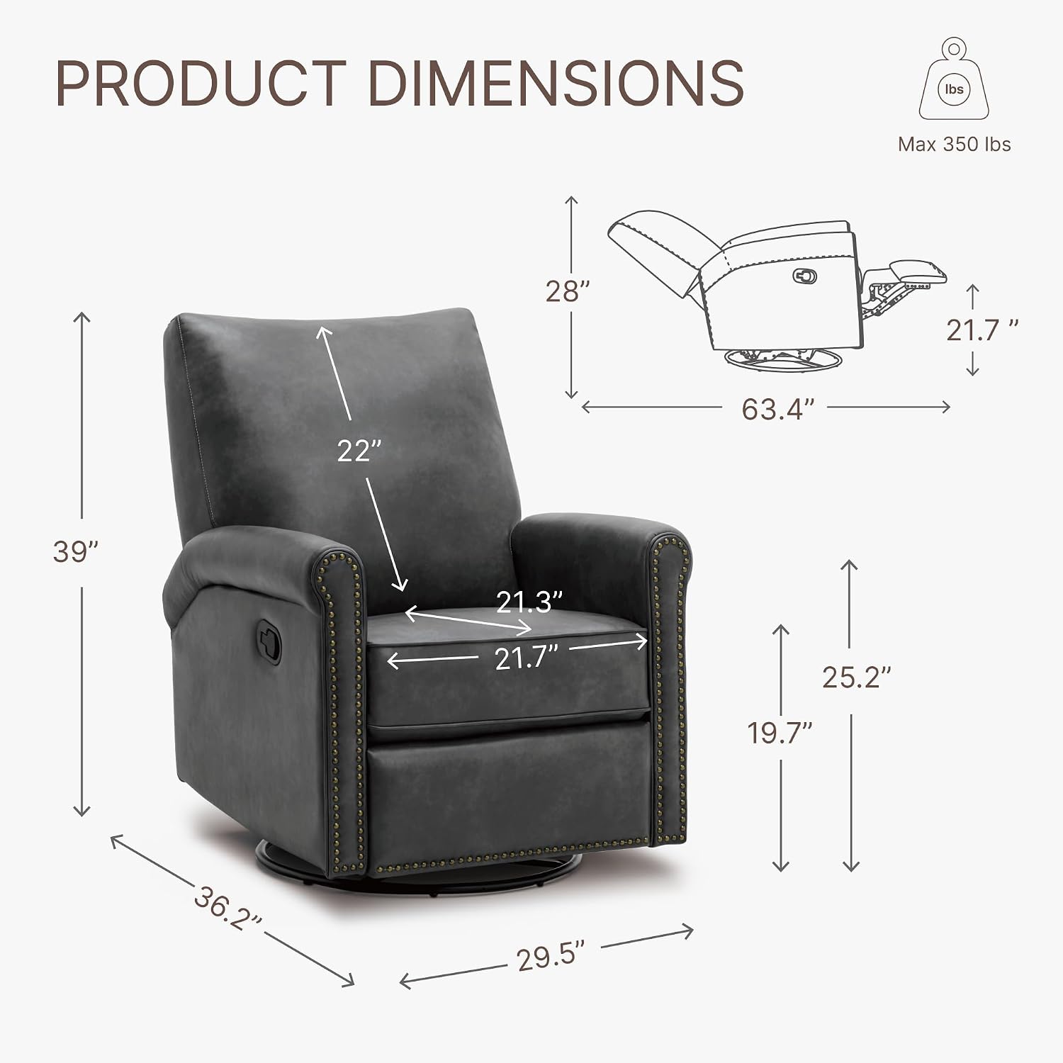 KISLOT Large Leather Recliner Chair Faux Swivel Rocker for Adults Manual Sofa for Living Room Bedroom Home Theater Seating