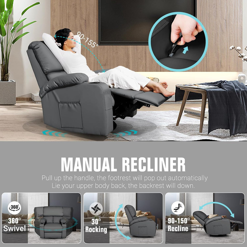 LEVELEVE Rocking Recliner Chair, Massage Rocker Recliner Chair with Vibration Massage and Heat, 360° Swivel Faux Leather Chairs, Living Room, Bedroom, Nursery, RV, Dark Grey
