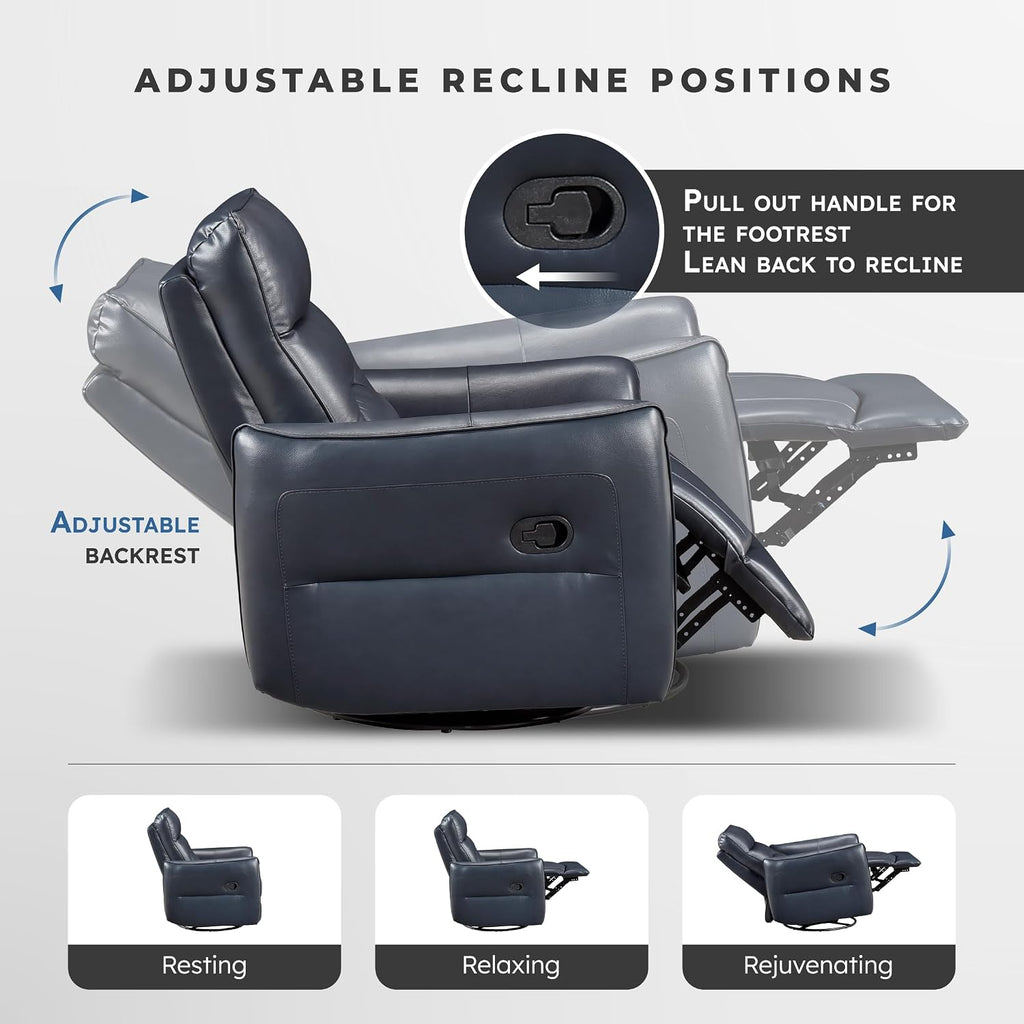 Lexicon Swivel Glider Reclining Chair, Top Grain Leather Match Manual Recliner, Comfy Nursery Glider Recliner, Swivel Reclining Chair for Living Room/Office/Bedroom/Apartment, Dark Blue