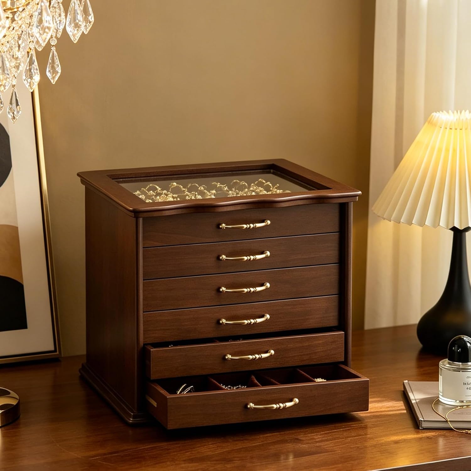 Kinsuite Black Walnet Jewelry Box with Glass Top & 6 Drawers - Handcrafted Vintage Organizer, Gold Hardware, for Necklaces, Rings, Watches - Elegant Display & Storage Chest for Women
