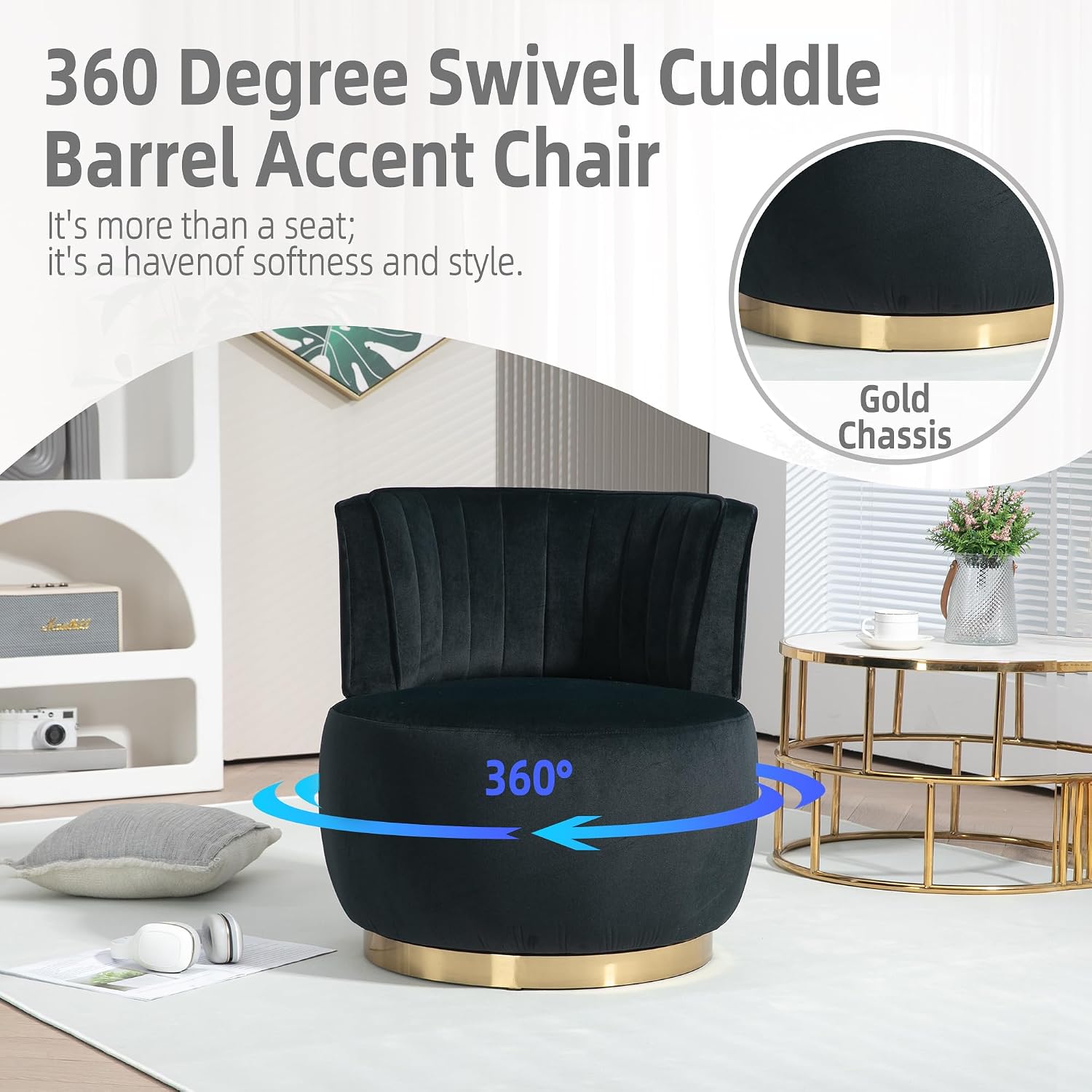 KEIKI Swivel Barrel Accent Chair, 360 Degree Rotating Upholstered Armchair with Velvet Fabric for Living Room, Office, Bedroom, Black