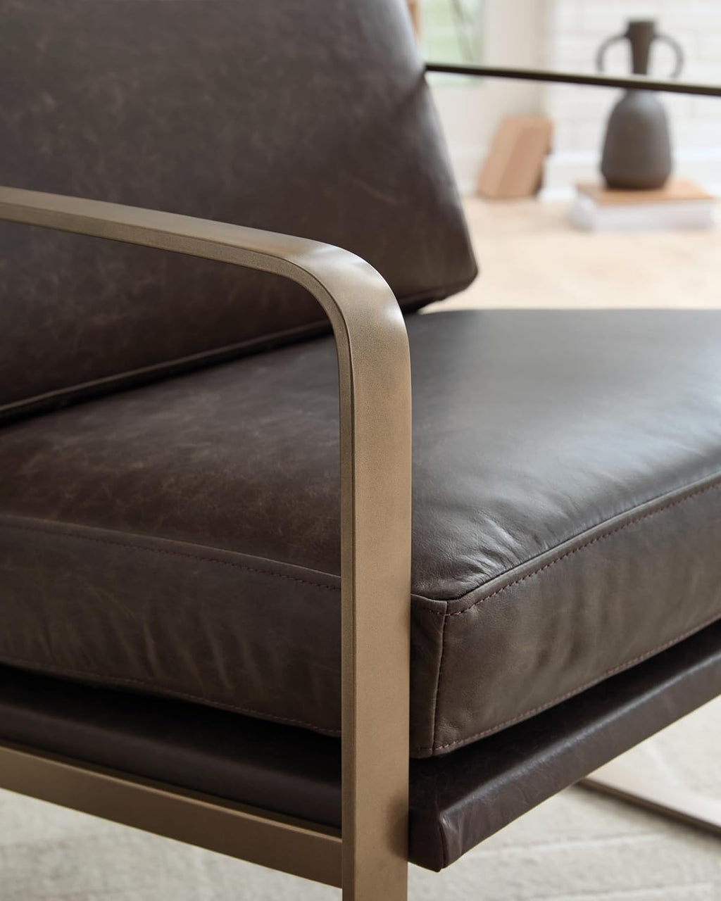 Signature Design by Ashley Bradett Modern Leather Accent Chair with Metal Frame, Dark Brown & Metallic