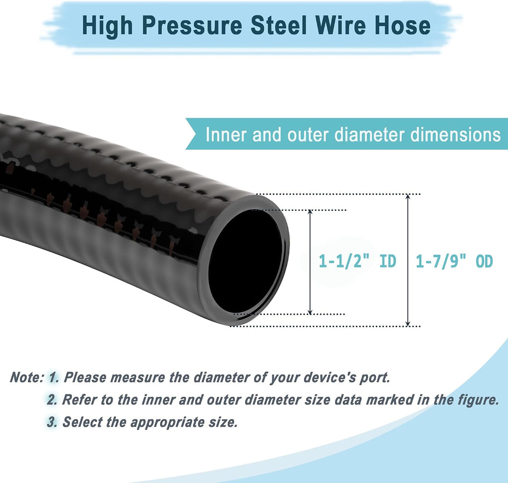 EASTRANS 1-1/2' x 50ft Reinforced Steel Wire Water Tubing Flexible Pool Suction Discharge Hose for Pump with 2 Clamps, Black Vacuum Dust Collection Pipe
