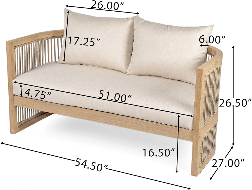 Christopher Knight Home Faine Acacia Wood Outdoor Loveseat Sofa, Patio Loveseat Furniture Set for 2 Seaters, Tub Design Patio Outdoor Sofa Couch with Woven Rope and Removable Cushion, Light Teak+Beige
