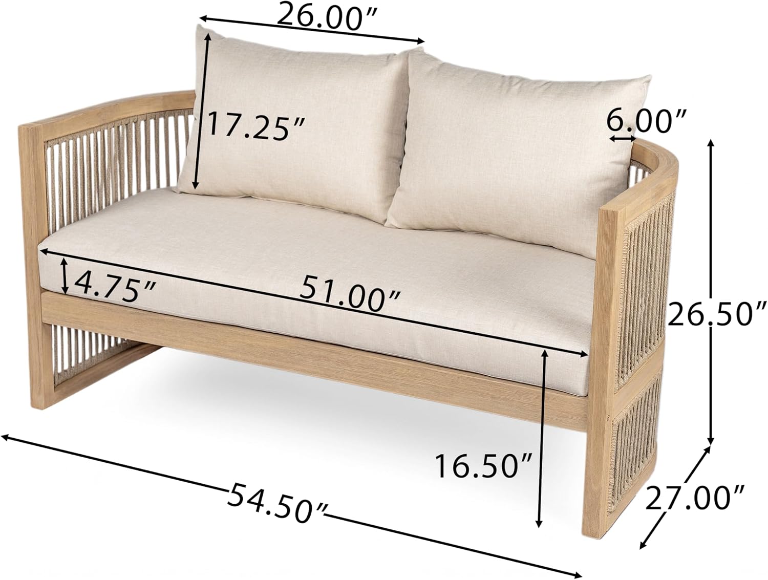 Christopher Knight Home Faine Acacia Wood Outdoor Loveseat Sofa, Patio Loveseat Furniture Set for 2 Seaters, Tub Design Patio Outdoor Sofa Couch with Woven Rope and Removable Cushion, Light Teak+Beige